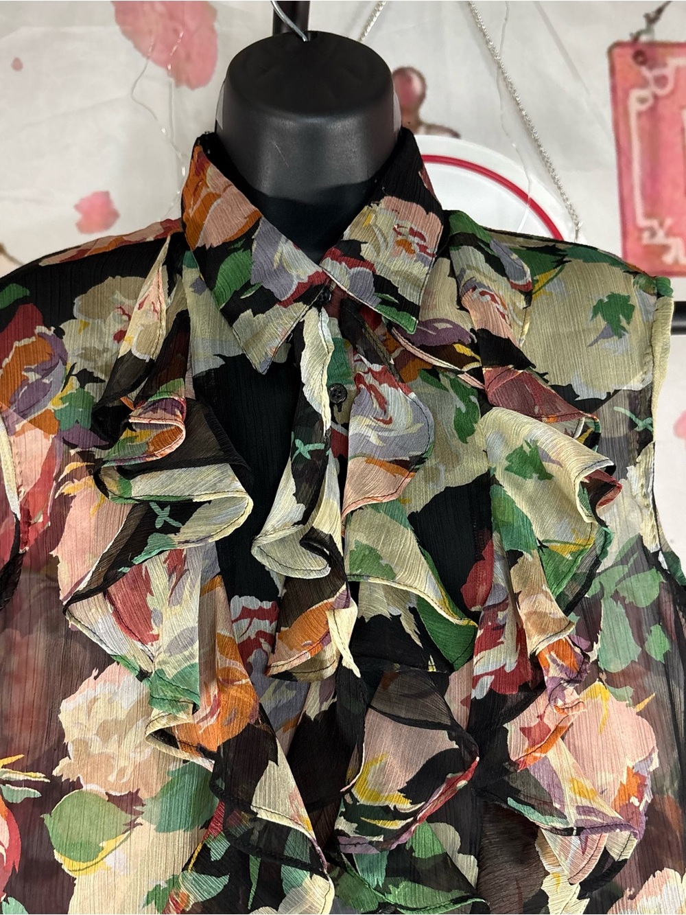 Ralph Lauren Black Floral Print Blouse with Green Label Sz L - Picture 5 of 10